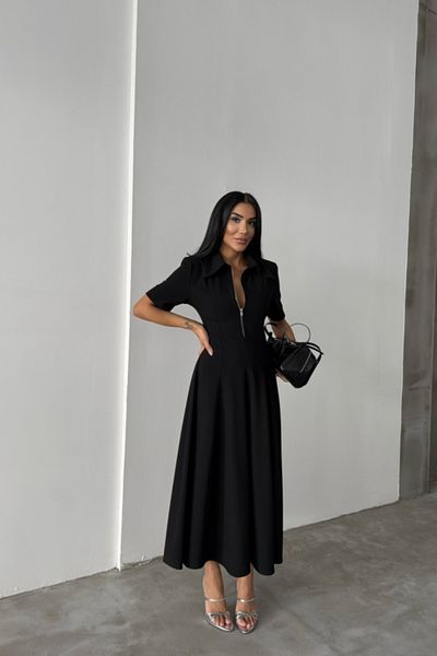 İpeksi Silky Polyviscose Dress Short Sleeve Collar and Zipper Detail - Black