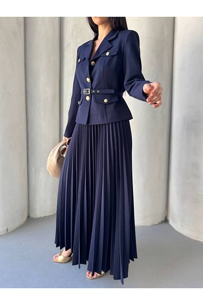 buqre's moda Premium Pleated Gold Buttoned Belted Jacket Skirt Set