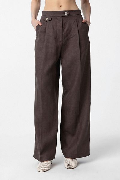 Antioch Coffee 100% Linen High Waist Pleated Women's Pants