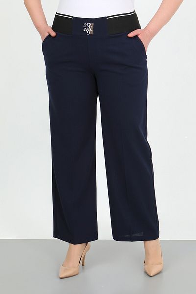By Alba Collection Women's Navy Blue Elastic Waist Lycra High Waist Large Size Loose Wide Leg Pants