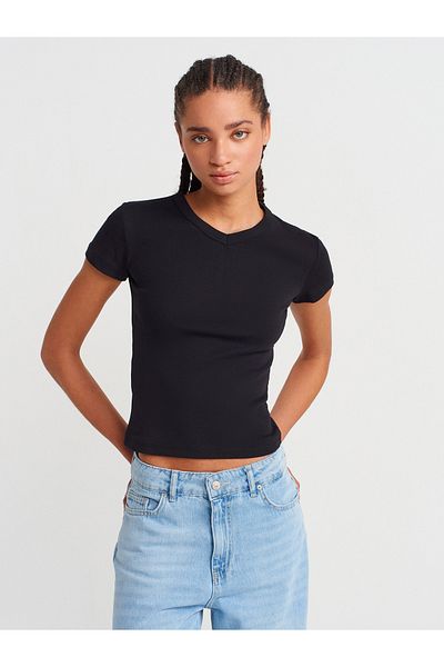 Dilvin 31673 V-Neck T-Shirt-Black