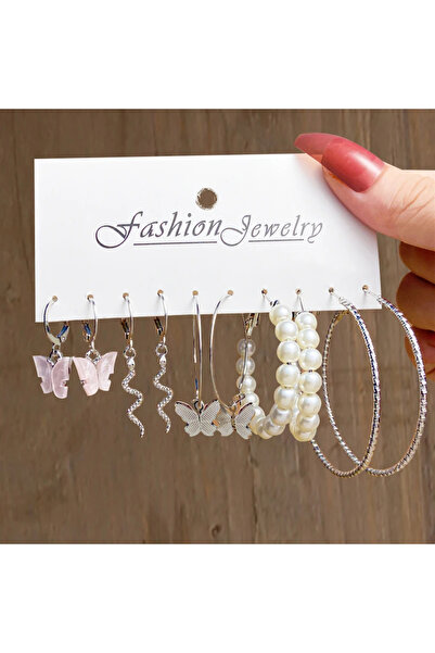 choice2 أقراط دائرية من اللؤلؤ الأكريليك باللون الفضي H584 على شكل فراشة ملتو...