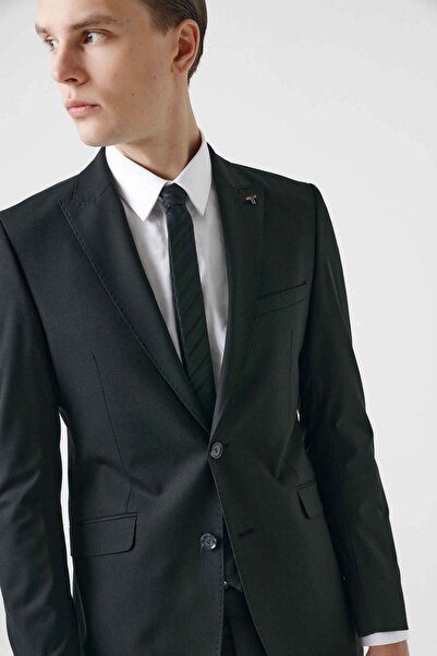 Tween Slim Fit Siyah Düz Yün Karişimli Takim Elbise