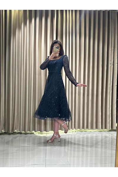 Kaleiçi Yıldızlar Navy Blue Square Collar Embroidered Dress Gs8504 8504