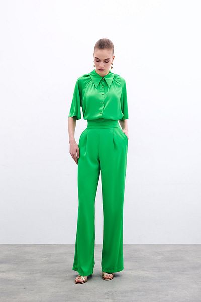 Sateen Loose Satin Trousers with Pockets - Light Green