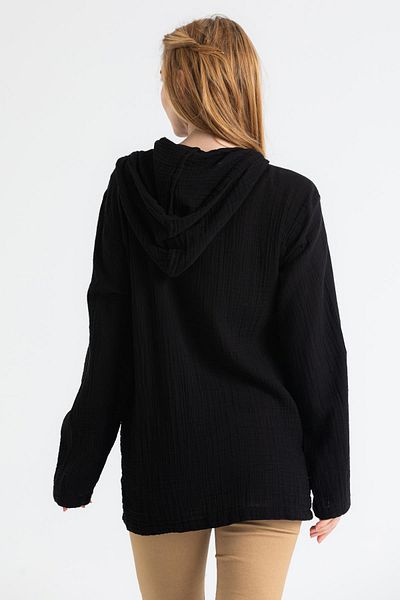 Eliş Şile Bezi Long Sleeve Hooded Women's Summer Muslin Sweatshirt Black Black