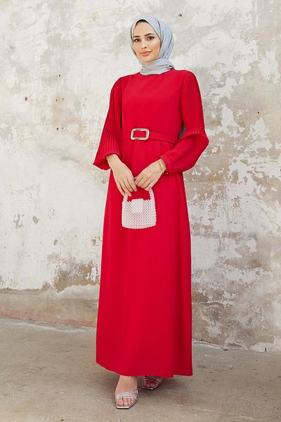 VAVİNOR Pleated Dress with Sleeves - Red