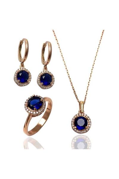 Midyat Gümüş Dünyası Yuvarlak Model Mavi Taşlı Gümüş Bayan Üçlü Zirkon Set (K...
