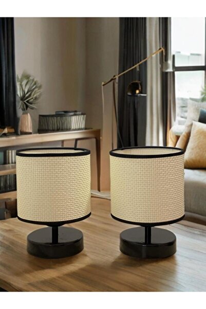 flu aydınlatma MİNİ ABAJUR 2'Lİ SET  BEYAZ HASIR HAZERAN KUMAŞ SALON YATAK ODASI ELEKTRİKLİ MASA LAMBASI 5999AB