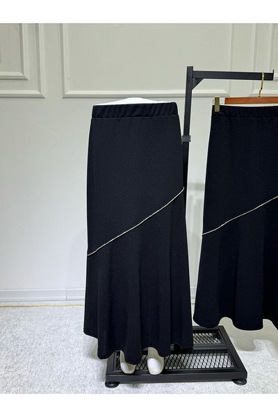 ModaMinar Γυναικεία Μαύρη Κρεπ Υφασμάτινη Πέτρινη Φούστα με Φούστα