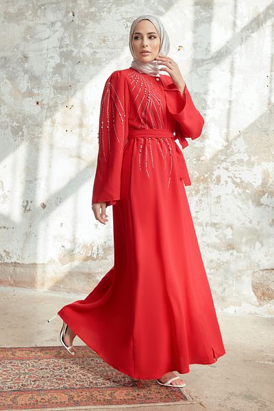 VAVİNOR Viona Stone Abaya - Red