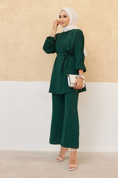 VAVİNOR Pleated Sleeves Trousers Tunic Set - Emerald