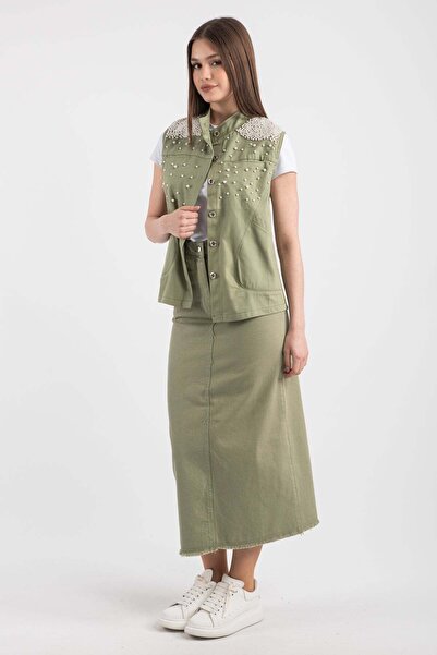 Hatun Atila Жіночий жилет з джинсової тканини з перламутровими деталями на плечах 7790 - зелений