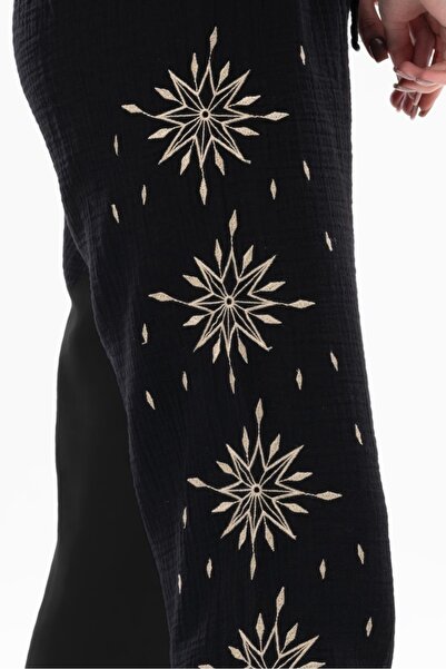Eliş Şile Bezi Black Muslin Casual Summer Trousers - Elastic Waist