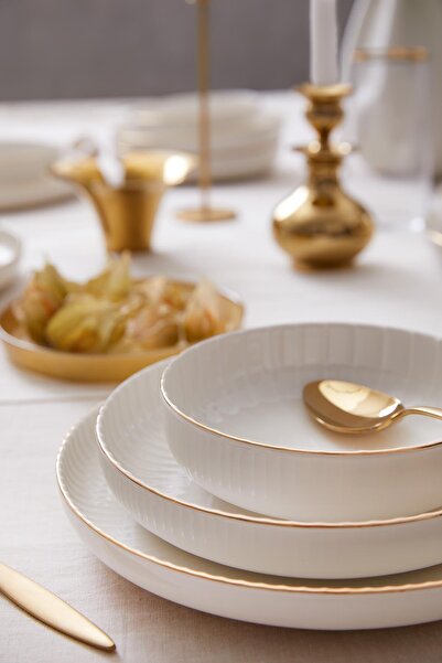 Kütahya Porselen Bone Crest 18 Parça 6 Kişilik Yemek Takımı Altın Fileli