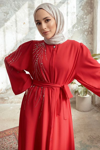 VAVİNOR Viona Stone Abaya - Red
