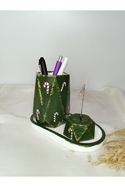 MİLE CONCEPT Masaüstü Dekoratif Yılbaşı Beton Ofis Seti;  Kalemlik, Not Tutucu ve Altlık