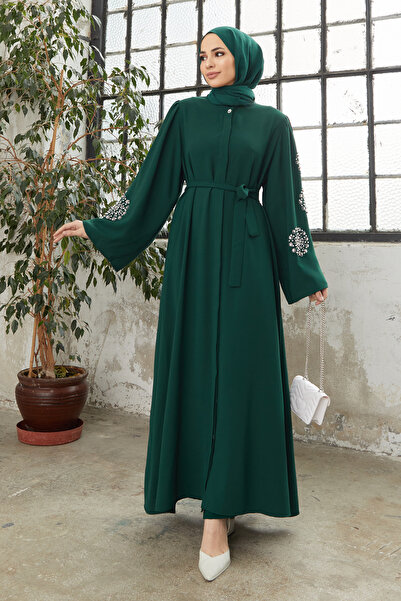 VAVİNOR Liva Stone Abaya with Arms - Emerald