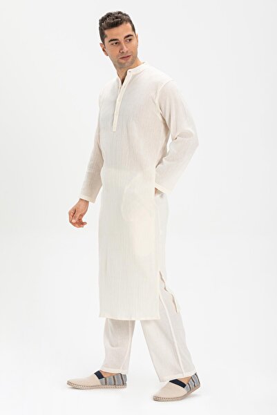 Eliş Şile Bezi Long Sleeve Syle Cloth Men's Hajj and Umrah Dress Cream Krm