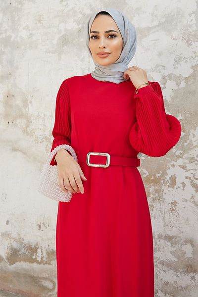 VAVİNOR Pleated Dress with Sleeves - Red