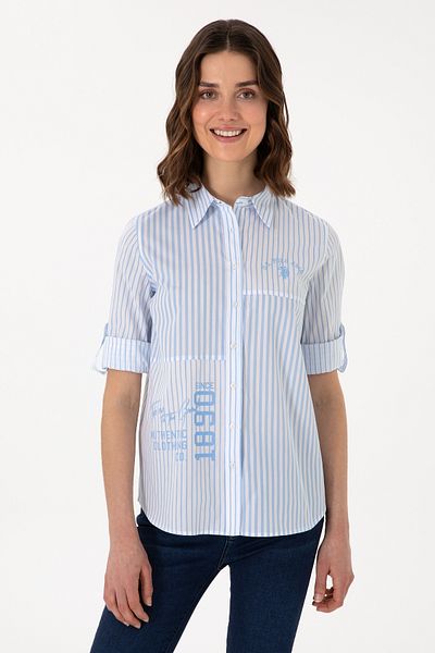 U.S. Polo Assn. قميص نسائي أزرق مخطط بأكمام طويلة 50299682 -vr036