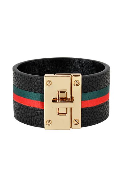 Choice KR1198-1 Kirykle Women Cuff Leather Bracelets Red Green Ribbon Bangles Simple Steel Lock Design Wide