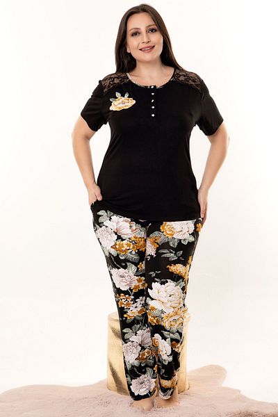 Jenny Daphne Large Size Floral Patterned Short Sleeve Tulle Detailed Viscose Fabric Capri Pajamas Set Lady-10972