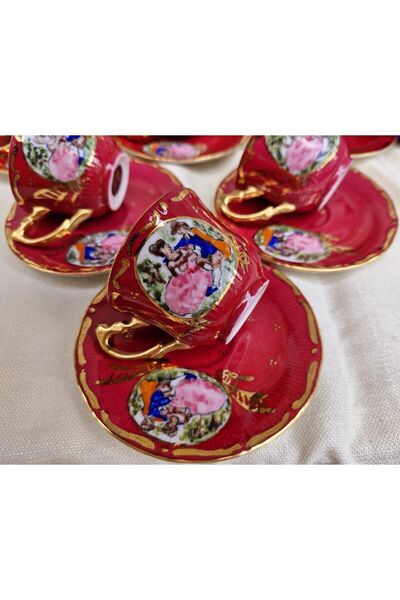 BY.RAYKA PORSELEN El Dekor Red Dance Porcelain Hand Painted Coffee Cup Set for 6 People