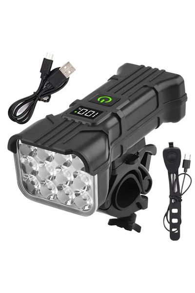 Choice مصباح أمامي أسود 12 LED للدراجة، مصباح دراجة قابل لإعادة الشحن مع بوق، مصابيح رأس دراجة جبلية، ركوب الدراجات B
