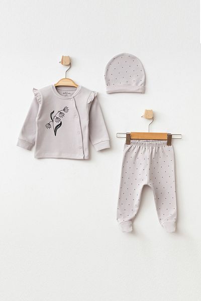 Aziz Bebe Baby Girl Floral Patterned Bodysuit, Trousers, Beret, 3-Piece Bottom and Top Baby Set 0 Months - 6 Months
