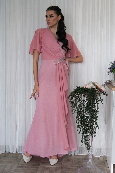 Feminist Stone Detailed Half Sleeve Hijab Evening Dress Powder 08061271