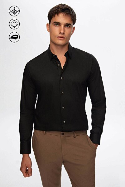 Tween Slim Fit Siyah Düz Easy Care Gömlek