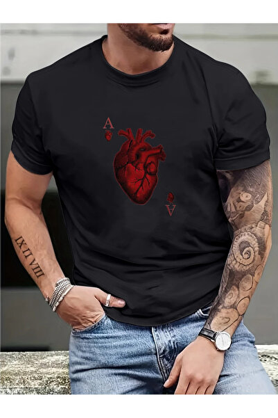 PENTHİLUS Men's Plus Size Summer Casual Graphic T-Shirts, Heart Printed T-Shirts