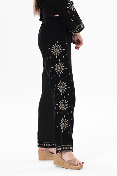 Eliş Şile Bezi Black Muslin Casual Summer Trousers - Elastic Waist