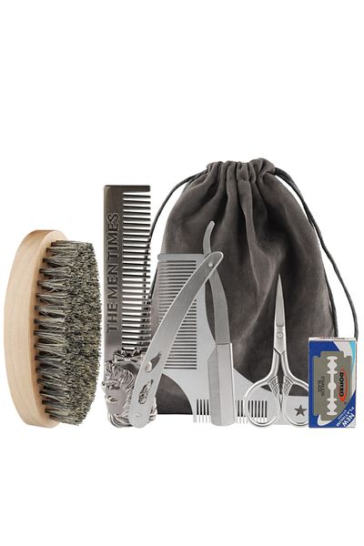 RANCAI Shaving 5 pcs Set Professional Shaving Beard Brush 5 Piece Set Bristle Men Trim Barber Shop Scissor