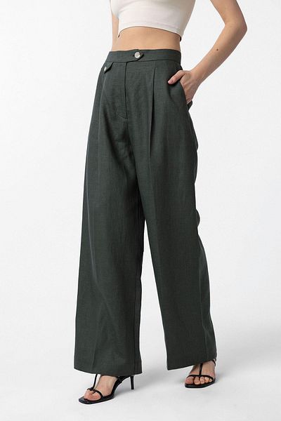 Antioch Khaki 100% Linen High Waist Pleated Women's Trousers