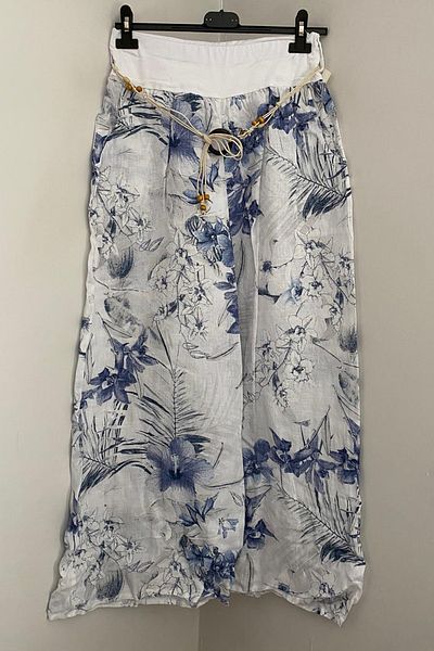 AYASOFYA OTANTIK Women's Italian White Rope Belt Detailed Side Pocket Floral Patterned Loose Wide Leg Linen Trousers
