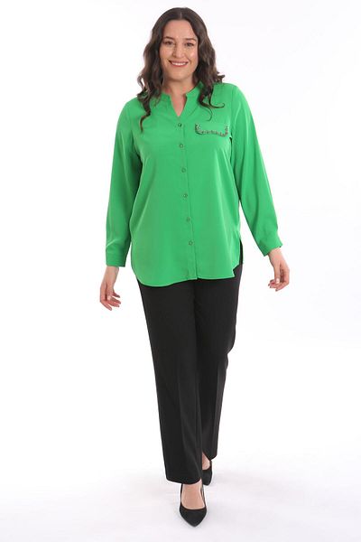 Metpoint Trend42Plus Big Size Embroidered C Collar Green Shirt with Pockets