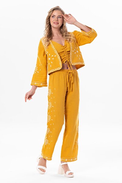 Eliş Şile Bezi Mustard Colored Summer Muslin Trousers with Elastic Waist