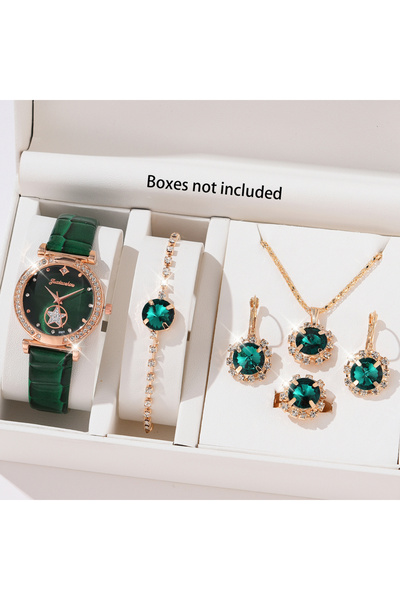 Choice green 6PCS Set Green Luxury Quartz Watch Women Ring Necklace Earring Rhinestone Fashion Wristwatch C