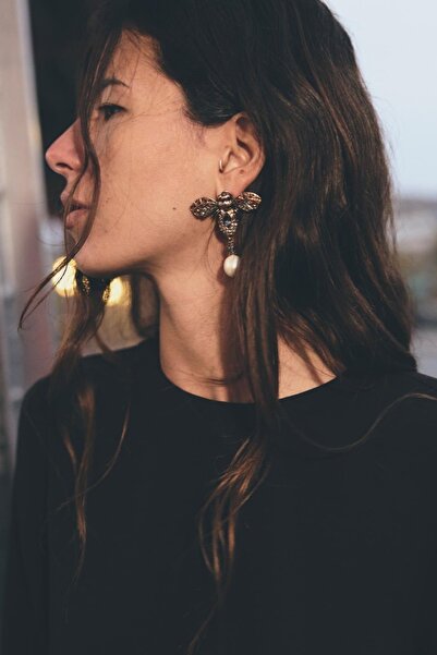 shop Marka Yusufçuk Küpe Siyah Zirkon Taş ve İnci Detaylı