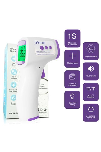 Justlang AD801 AiQUE Baby مقياس حرارة رقمي بالأشعة تحت الحمراء للجبين لقياس الحمى بدون تلامس سريري إلكتروني طبي