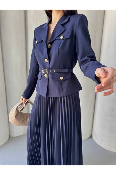 buqre's moda Premium Pleated Gold Buttoned Belted Jacket Skirt Set