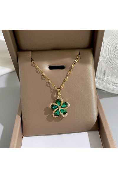 Choice Gold-color Stainless Steel Green Zircon Flowers Pendant Necklace For Women New Luxury Girls Lucky Ch