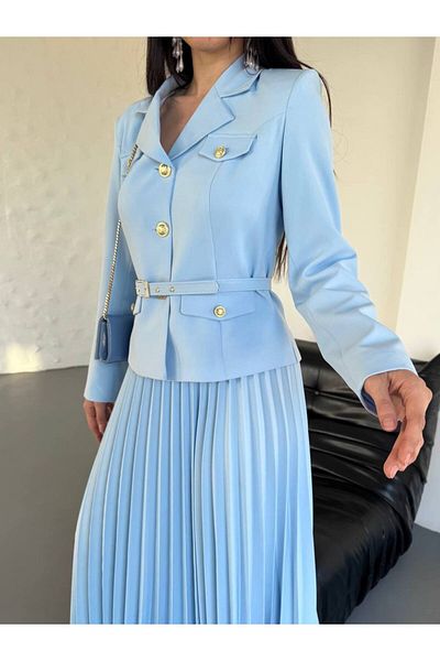 buqre's moda Premium Pleated Gold Buttoned Belted Jacket Skirt Set