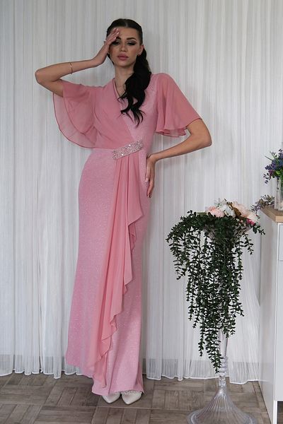 Feminist Stone Detailed Half Sleeve Hijab Evening Dress Powder 08061271