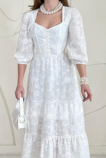 Elbee Fashion Woman Λευκό Κέντημα Φόρεμα - Με Κουμπιά