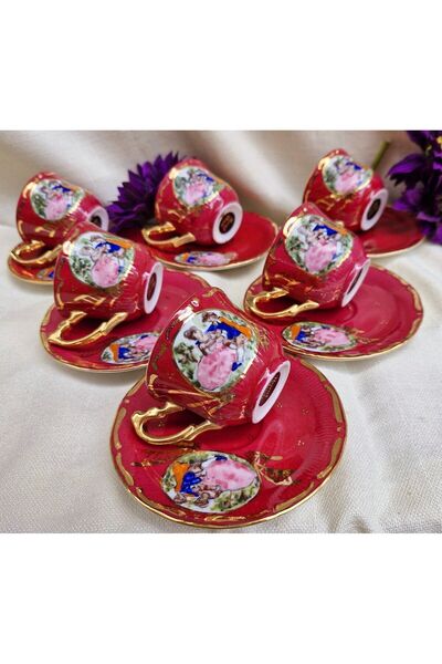 BY.RAYKA PORSELEN El Dekor Red Dance Porcelain Hand Painted Coffee Cup Set for 6 People