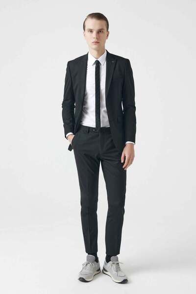 Tween Slim Fit Siyah Düz Yün Karişimli Takim Elbise