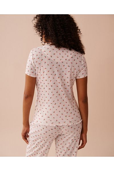 La Vie en Rose Strawberry Print Lettuce Edge Pointelle T-shirt